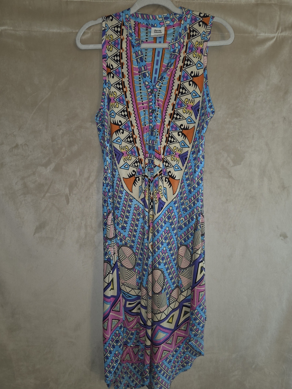 Sleeveless V-Neck Geometric Maxi Dress in Blue & Pink